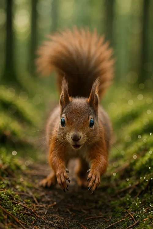 Squirrel swiftly moving along a forest path with lush green plants
