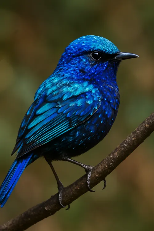 Close-up of a blue bird with shiny feathers on a branch