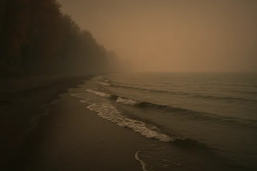 View of the shoreline with gentle waves in the fog