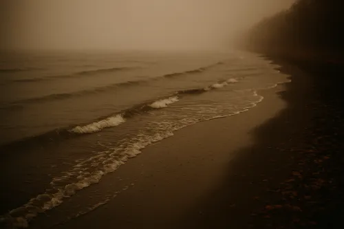 Calm misty shore with waves and rays of light.
