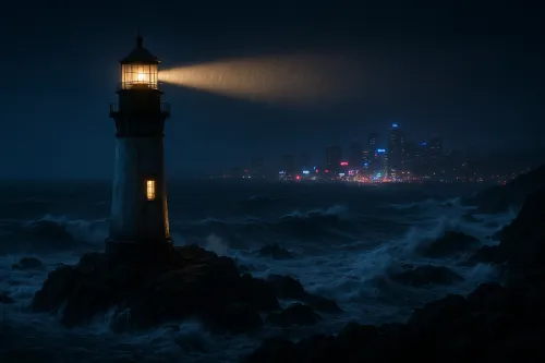 The light of the lighthouse illuminates the raging sea and the city lights at night