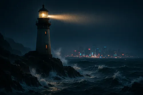 The lighthouse illuminates the turbulent sea and the night cityscape