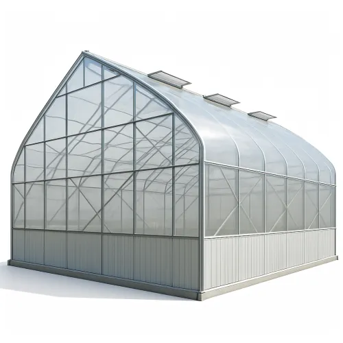 Greenhouse with a design of glass panels and a metal frame