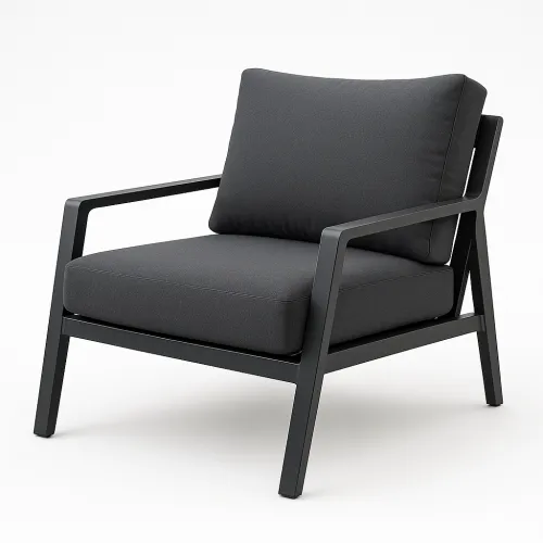 Armchair with a black metal frame and gray cushions for comfortable relaxation