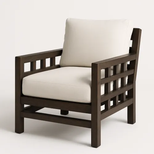 Comfortable armchair with white upholstery and dark wooden structure, perfect for the living room