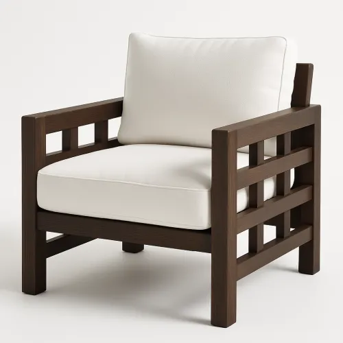 Chair with a wooden frame and white cushions for comfortable relaxation