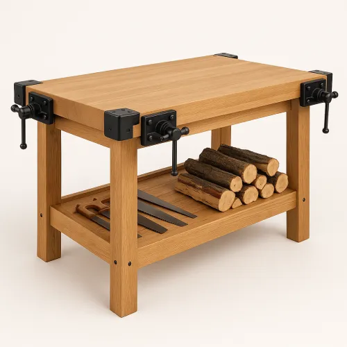 Wooden workbench with a lower shelf, tools, and firewood