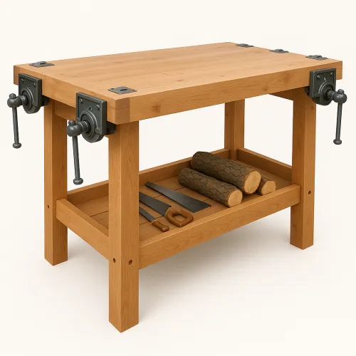 Wooden workbench with tools and storage shelf