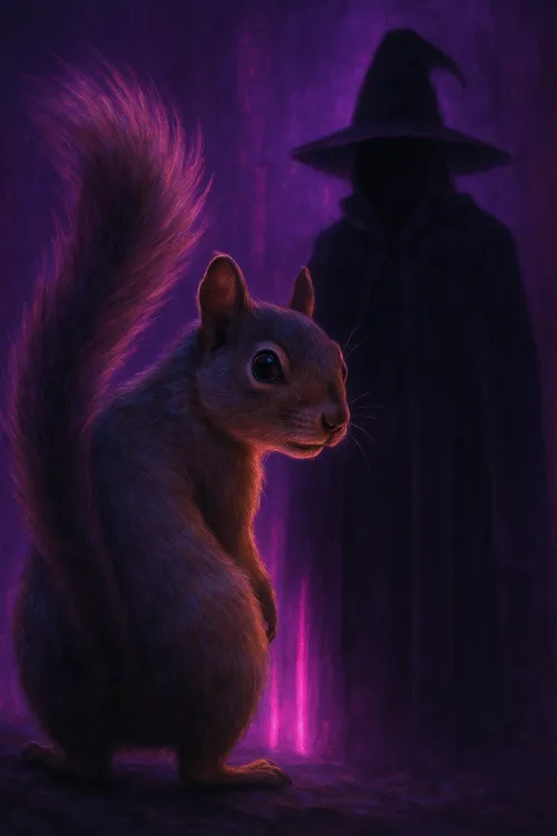 The gopher stands in the forest, with the figure of a wizard in a cloak visible behind him