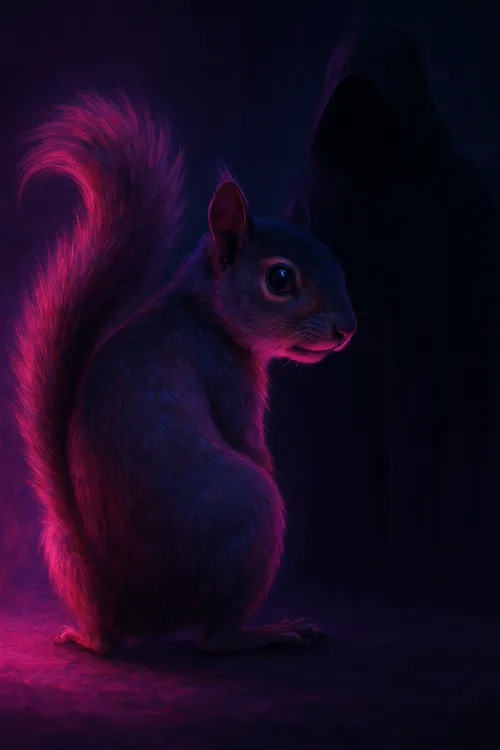 Squirrel illuminated by purple and pink light, with a mysterious figure in the background
