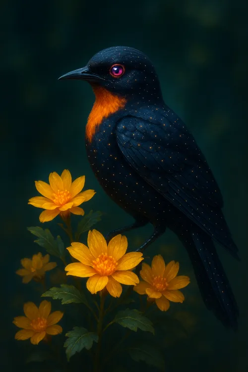 Black bird with a bright orange breast on yellow flowers