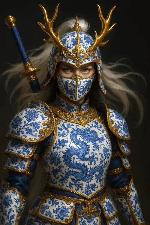 Striking image of a knight in elaborately decorated armor with antlers