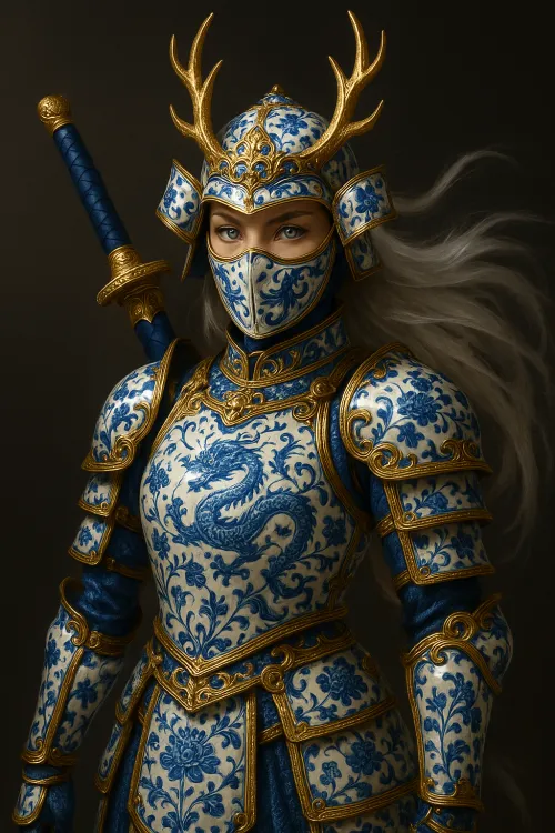 Female warrior in rich armor with blue dragon detailing and golden accents