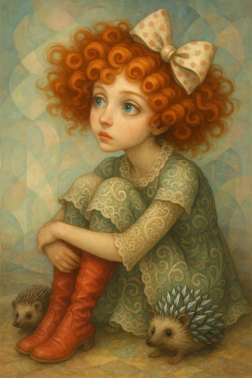 A cute image of a girl in a dress sitting with hedgehogs