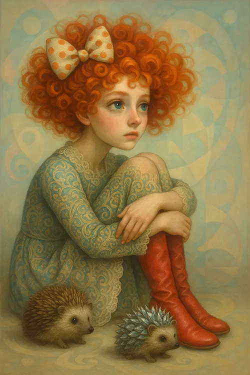 Little girl with red curls and gray hedgehogs against an abstract pattern.