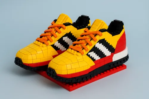 Detailed sneakers assembled from LEGO pieces in bright colors