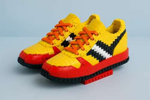 Bright sneakers assembled from LEGO pieces in a sporty style