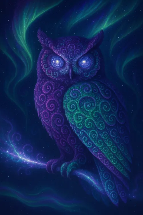 Mystical owl with patterned feathers and a starry background