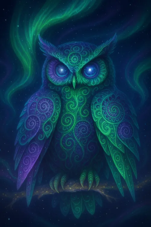 Owl with intricate feather patterns under a starry sky and northern lights