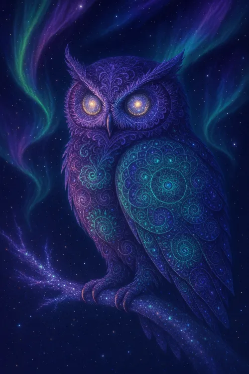 Búho con plumaje decorado contra un fondo de espacio cósmico