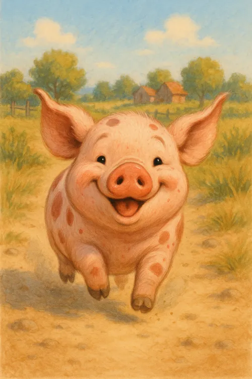 Un lindo cerdito corriendo alegremente por el prado verde bajo el sol