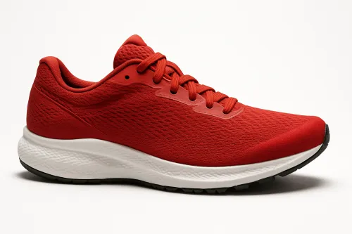 Red sports sneakers with a white sole and textured surface