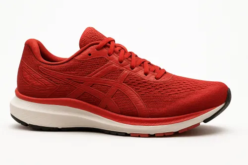 Red running shoes with a white sole