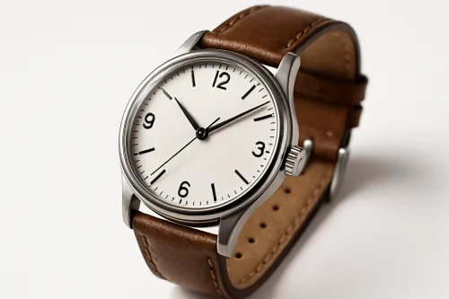 Stylish watch with a white dial and brown leather strap