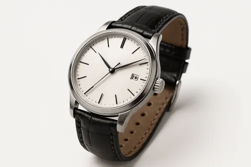 Elegant Mechanical Watch with White Dial and Black Strap