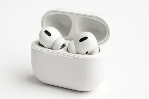 Wireless AirPods in an open case on a white background