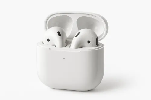 Two white wireless earbuds in a charging box