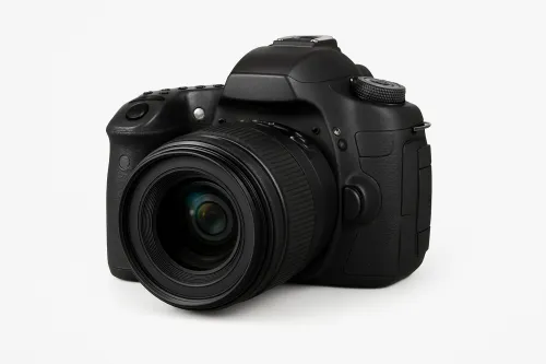 Digital single-lens reflex camera with a large lens on a white background