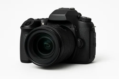 DSLR camera with a black body and lens on a white background