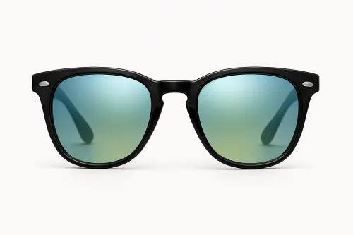 Black sunglasses with blue gradient lenses on a white background