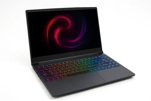 Laptop with a rainbow keyboard and dynamic background on the screen