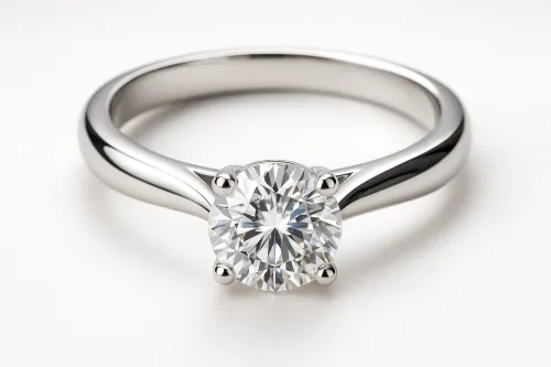 Stylish wedding ring with a round diamond on a white background