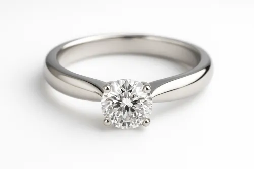 Engagement ring with a round diamond on a shiny band