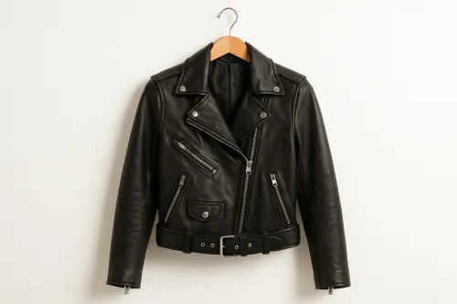 Stylish Black Leather Jacket on a Hanger with Zippers and a Belt