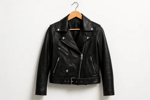 Stylish black leather jacket with zippers and a collar