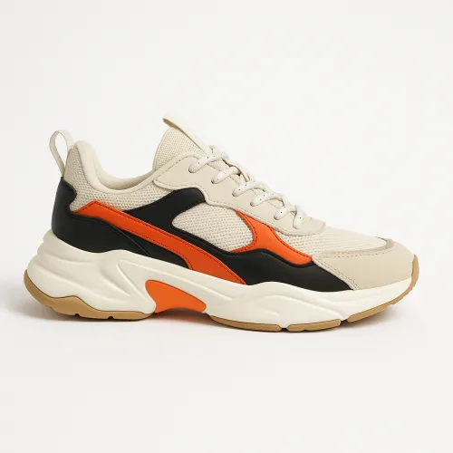 Stylish sneakers with black, orange, and beige accents