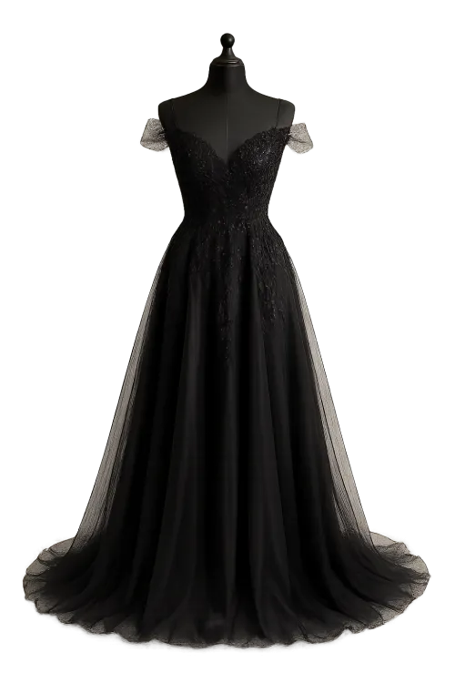Graceful Long Black Evening Dress with Lace Top and Chiffon Skirt