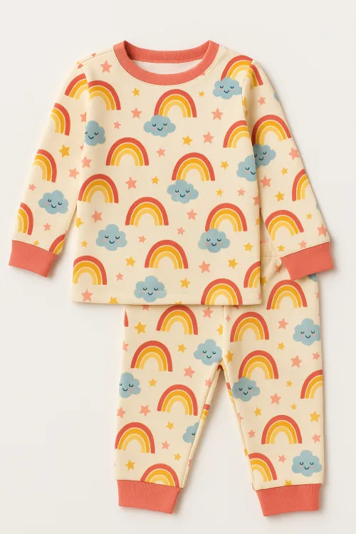 Cozy outfit for kids featuring bright rainbows and cute clouds