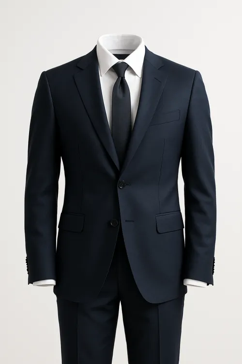 Elegant navy blue suit with a white shirt and black tie