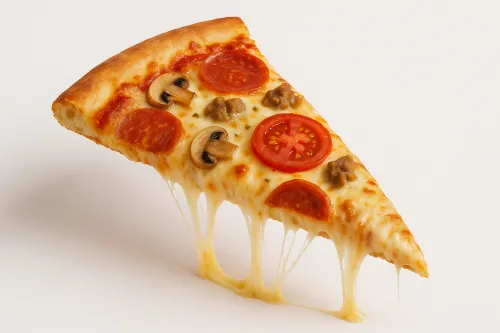 Appetizing slice of pizza with tomatoes, mushrooms, and sausage on a white background