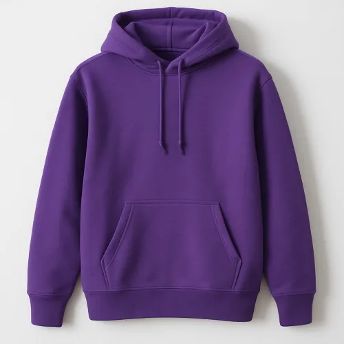 Purple hoodie with a pocket and drawstrings presented on a neutral background
