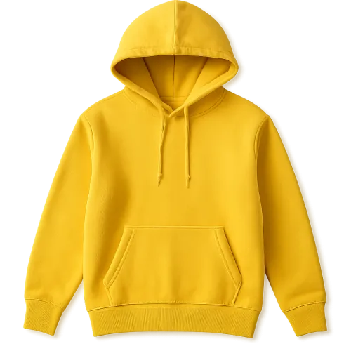 Bright yellow hooded sweatshirt with long sleeves and a front pocket
