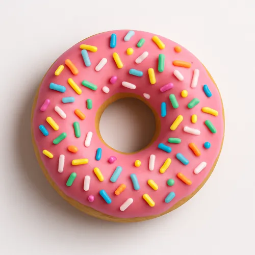 Whole donut with bright pink glaze and colorful sprinkles