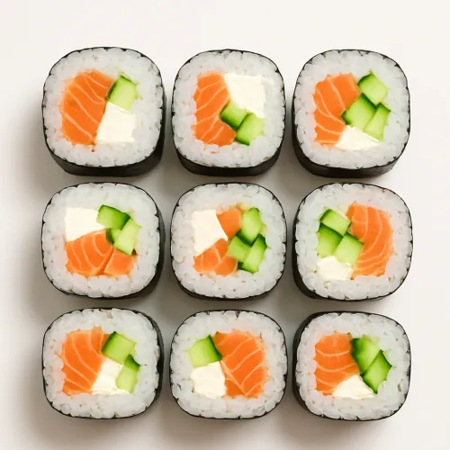 Square sushi rolls with salmon, cucumber, and cream cheese