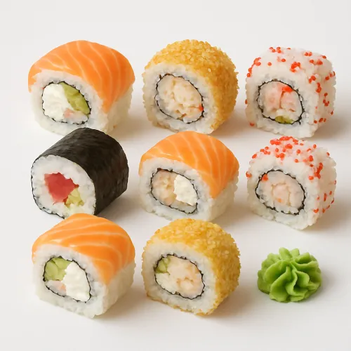 Delicious sushi rolls of various kinds with wasabi on a white background