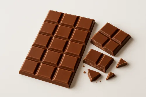 Piece of chocolate bar with several broken pieces nearby